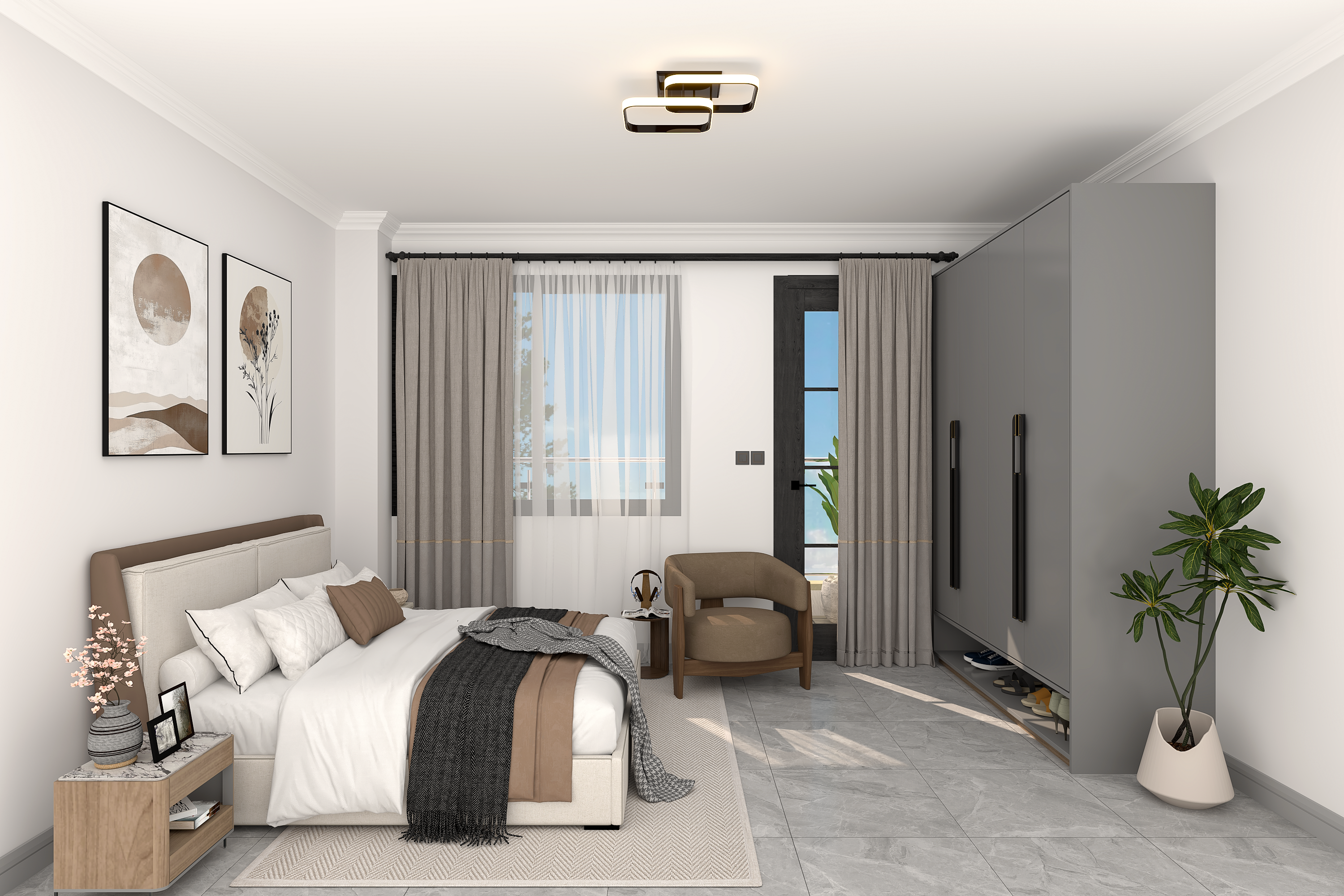 Bedroom render with large wardrobe and natural light