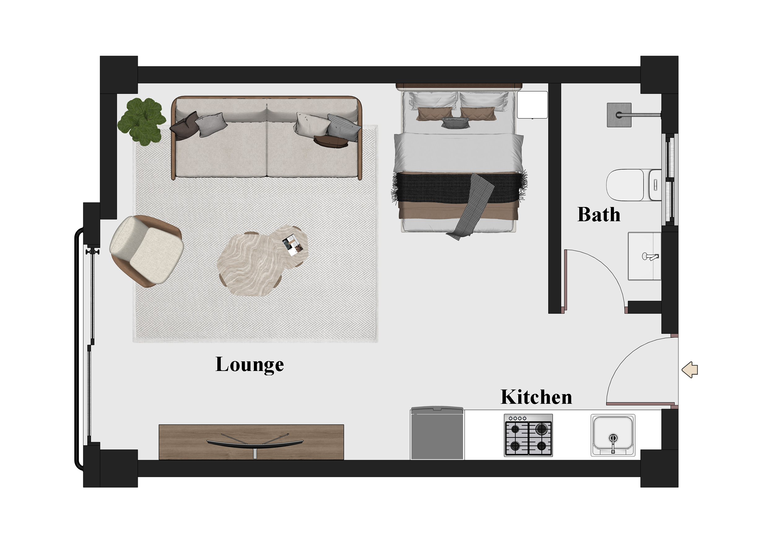 Furnished studio apartment floor plan